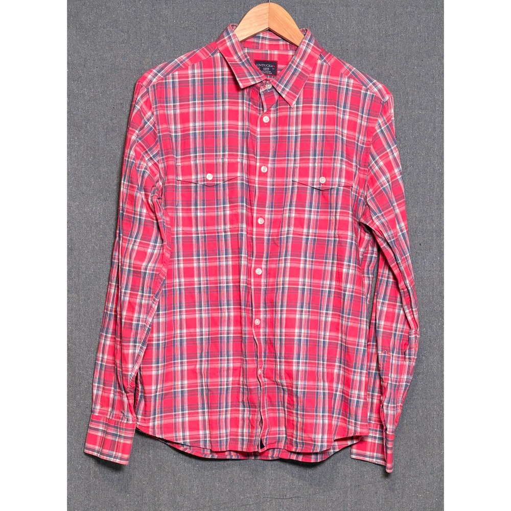 UNTUCKit Mens Large Slim Fit Red Blue Plaid Long Sleeve Cotton Button Down Shirt
